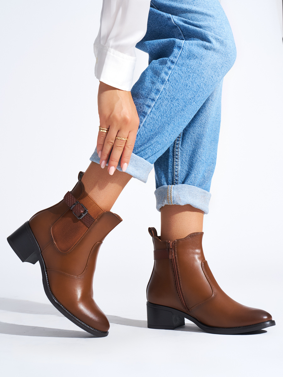 Shelvt Brown womens ankle boots with a low heel