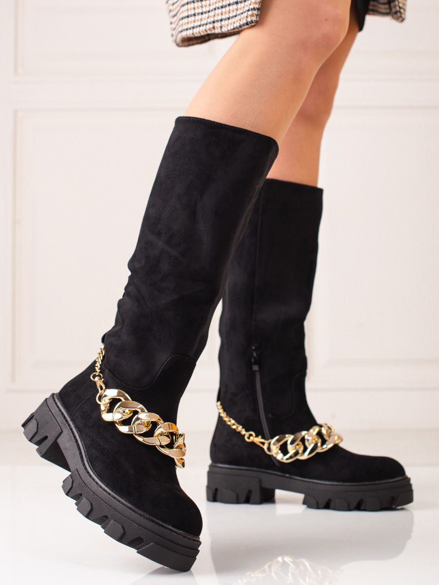 Womens Boots Shelvt black with gold chain