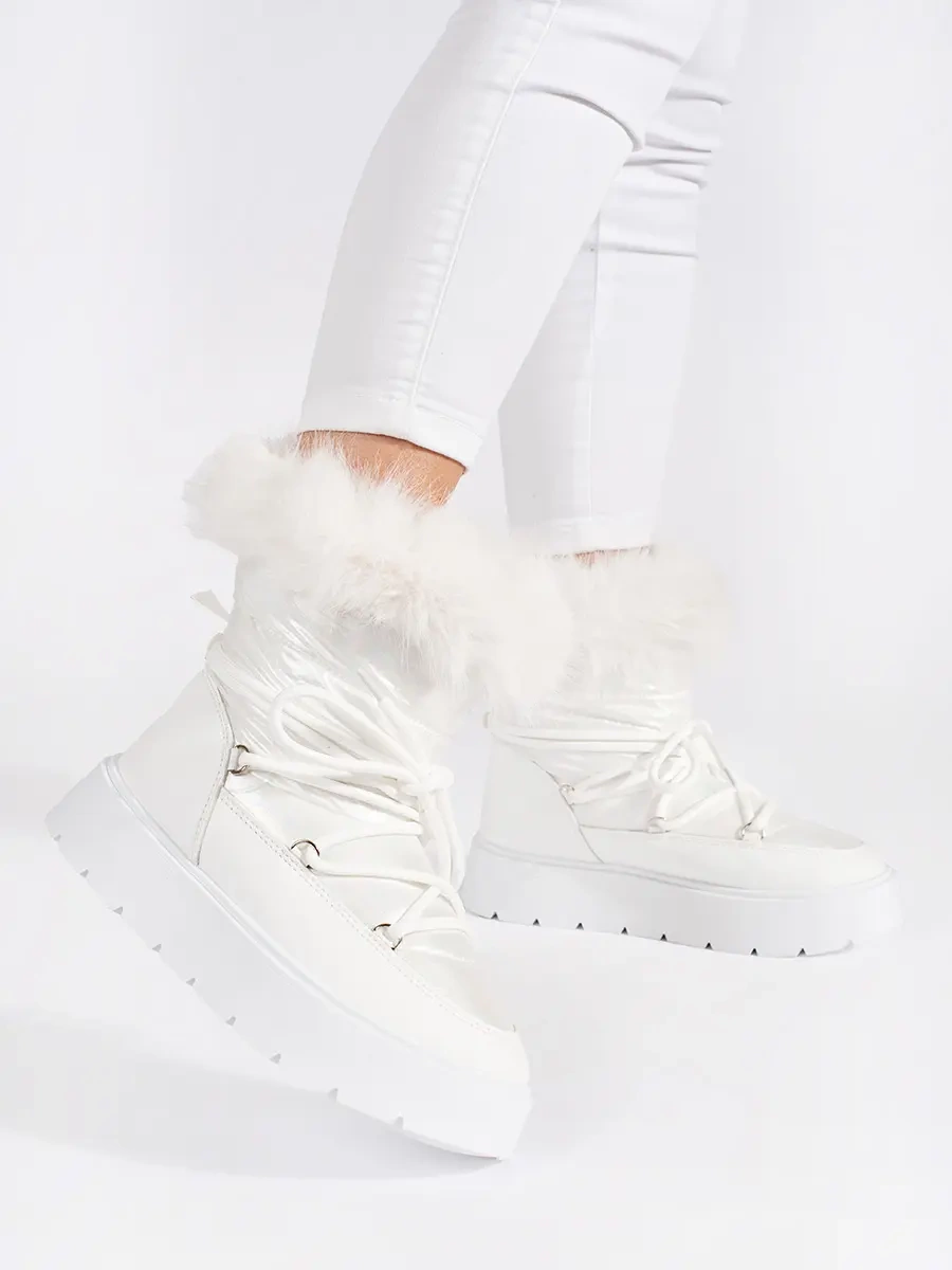 Shelvt White womens snow boots with fur on a thick sole