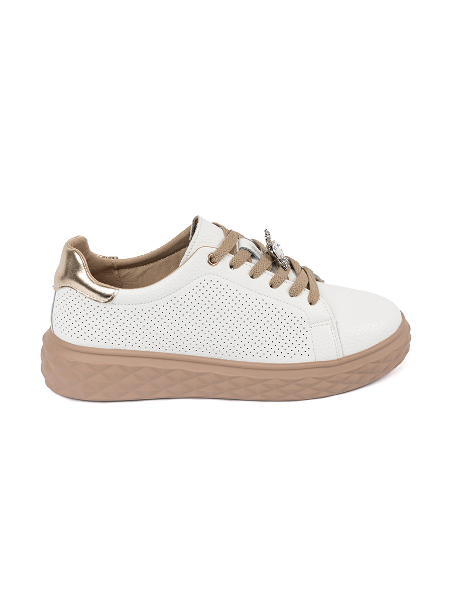 White and beige leather sneakers with a pin by Sergio Leone