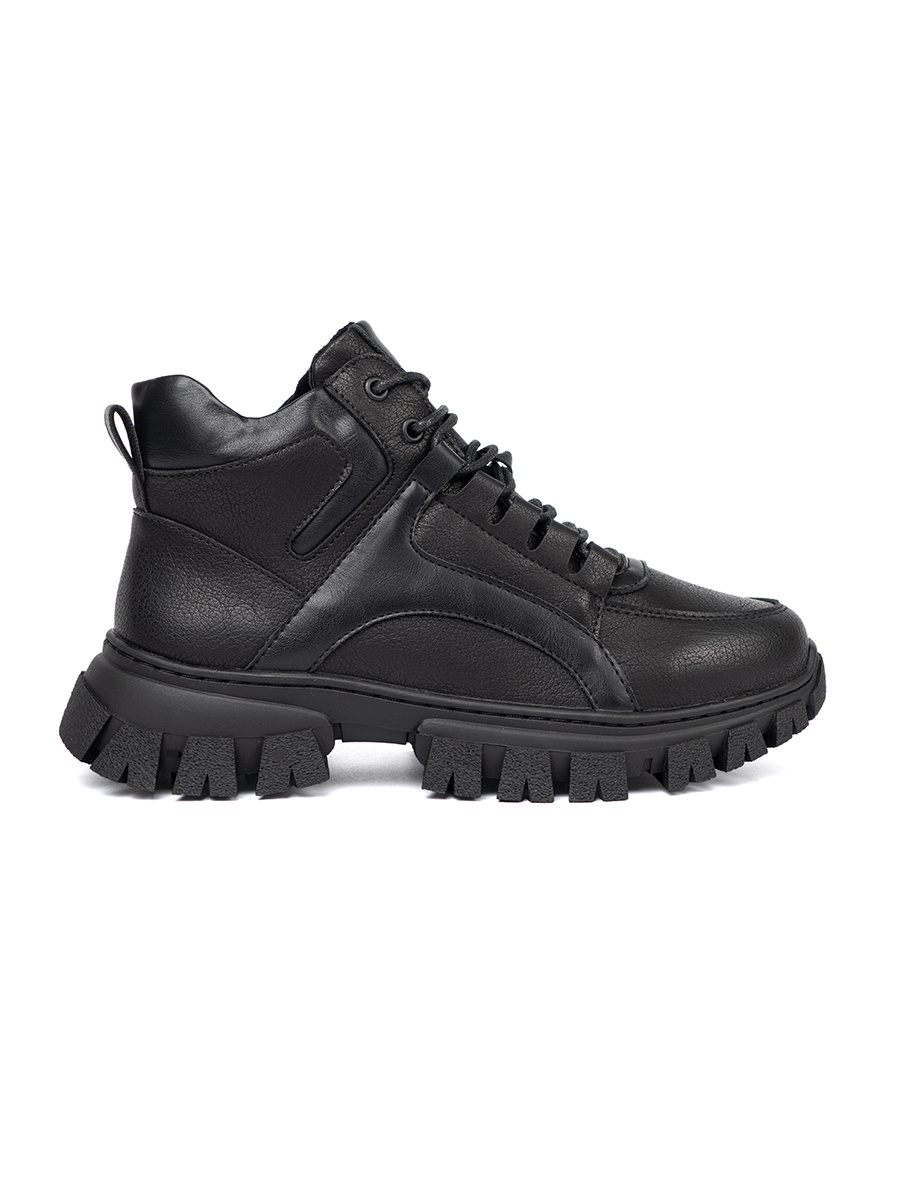 Black lace-up hiking boots with a thick Sergio Leone sole