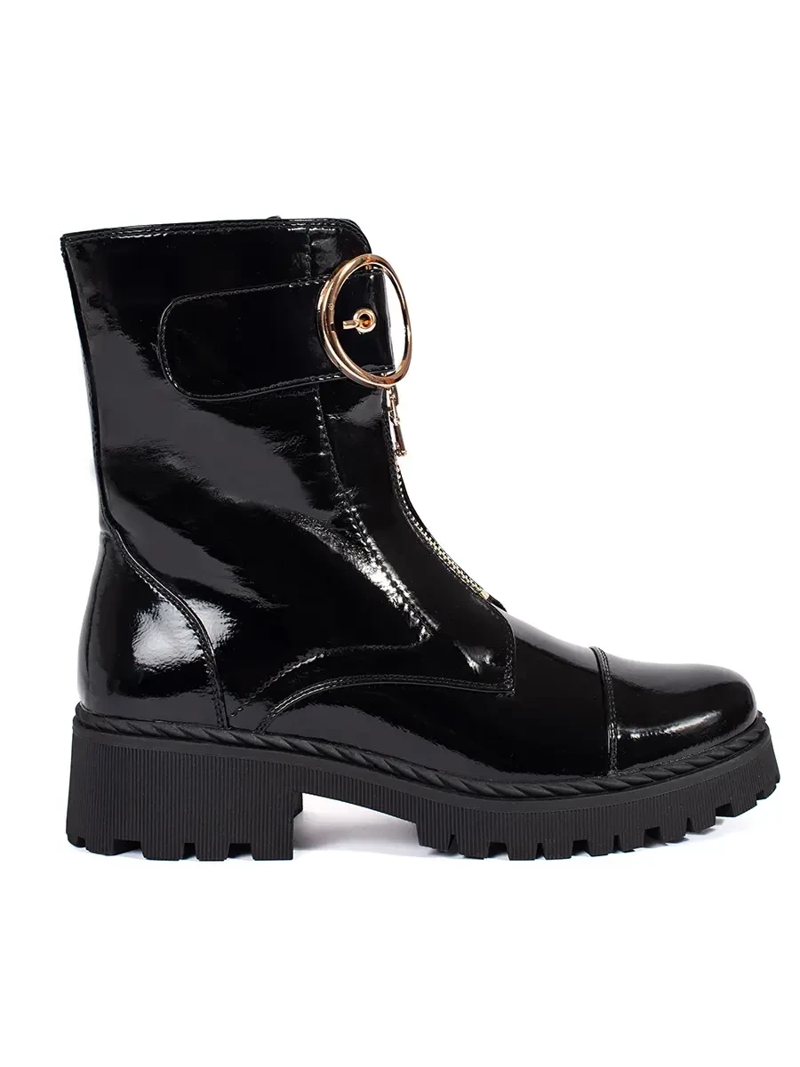 GOODIN Black patent leather boots with a decorative zipper