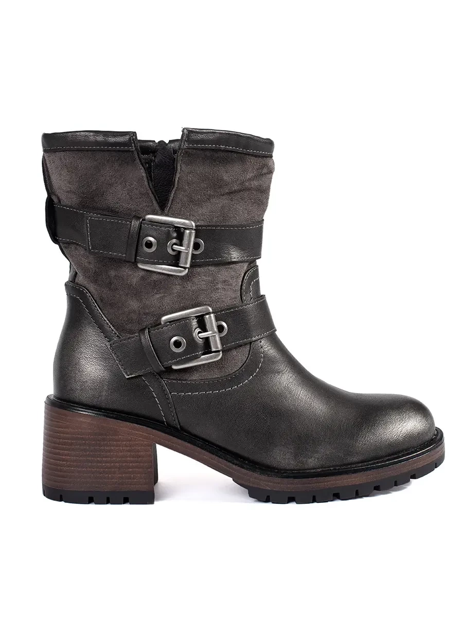Shelvt Dark brown metallic womens heeled ankle boots with buckles