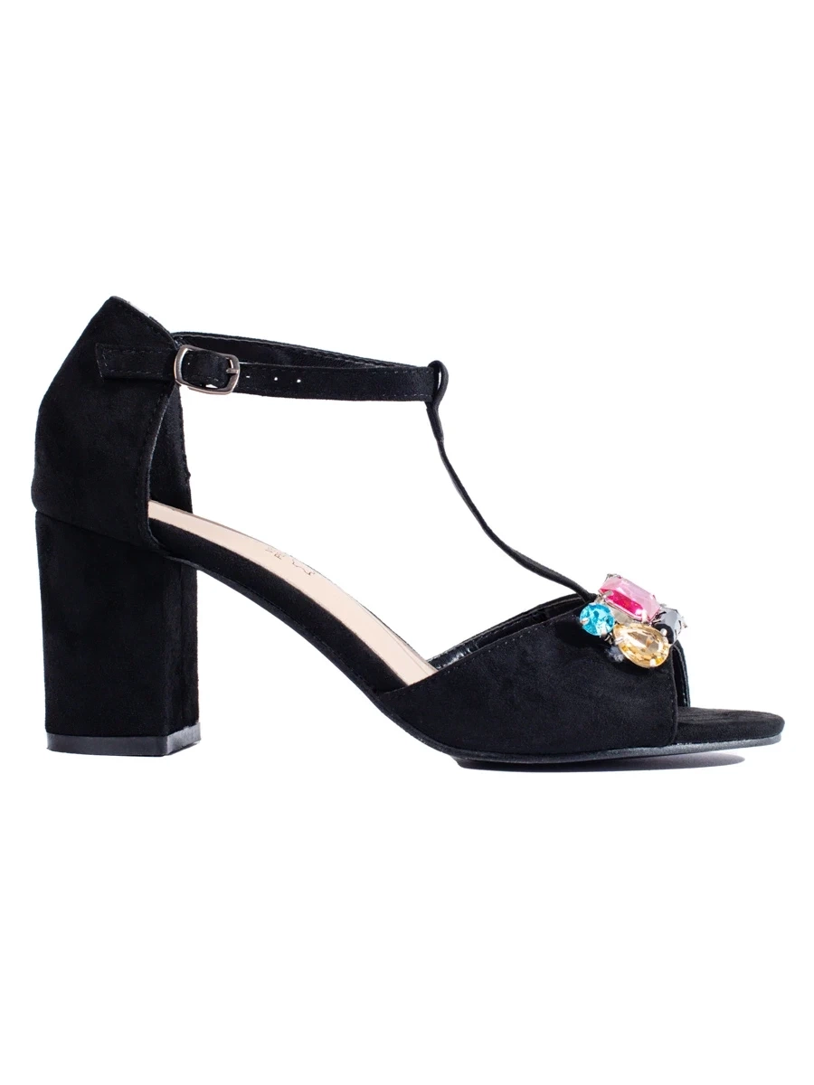 Suede womens post sandals with Shelvt crystals black