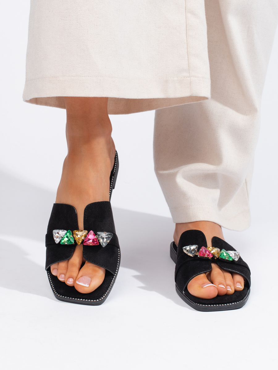 Shelvt Black womens flip-flops with pebbles