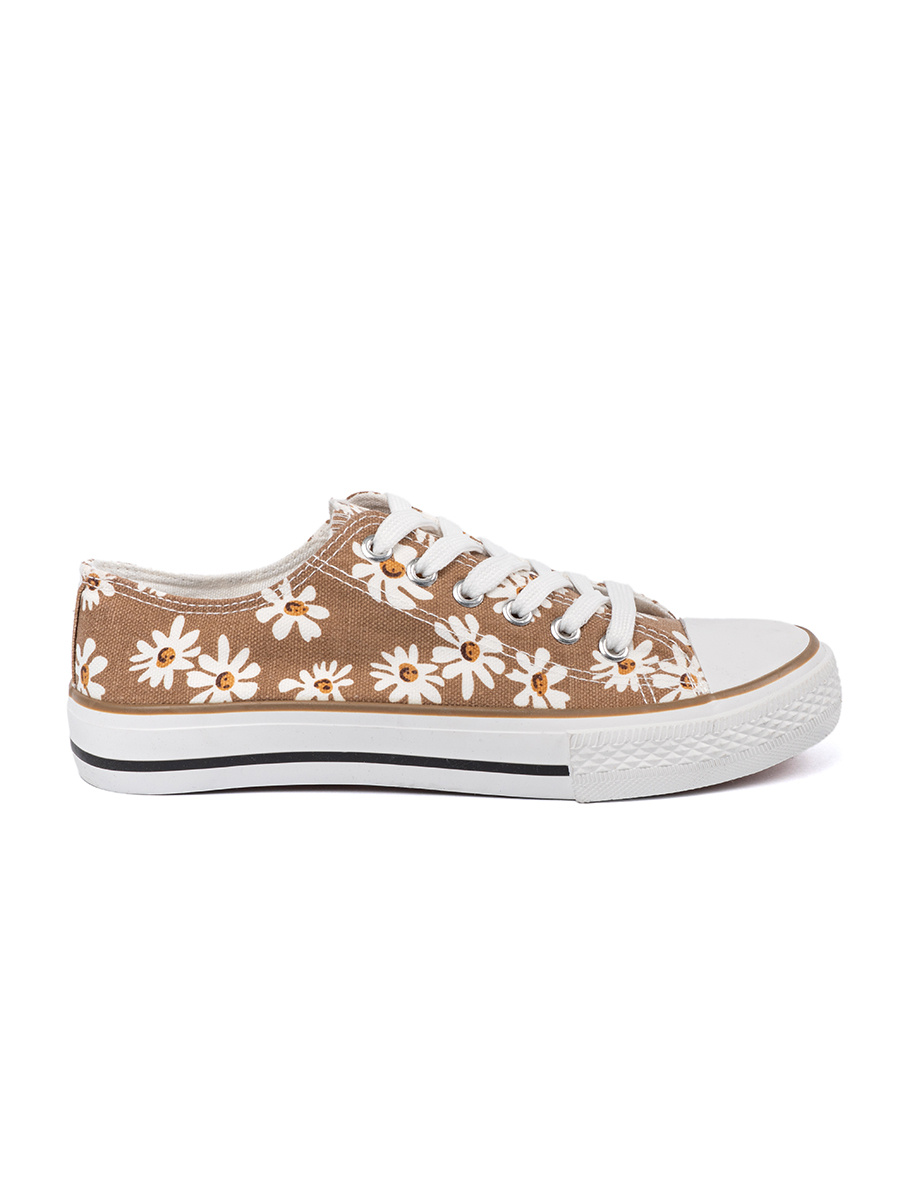 Shelvt Beige women's sneakers with flowers