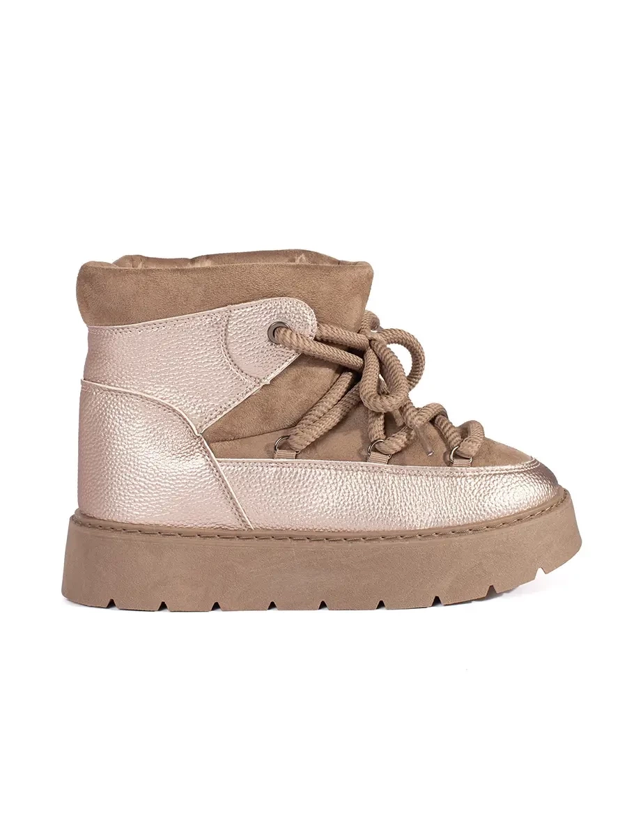 Shelvt Beige lace-up womens snow boots with a thick sole