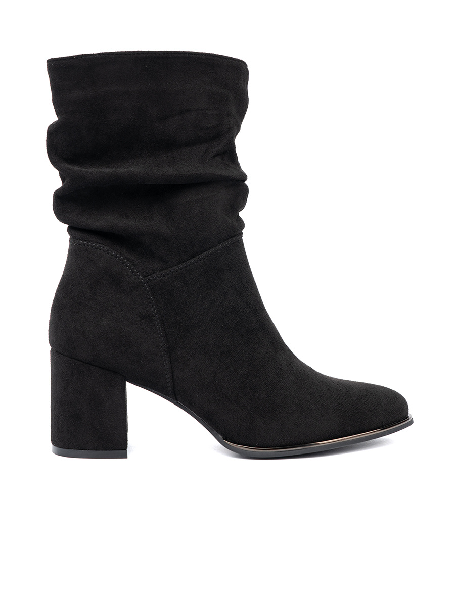 Shelvt Black suede ankle boots with elegant ruffles