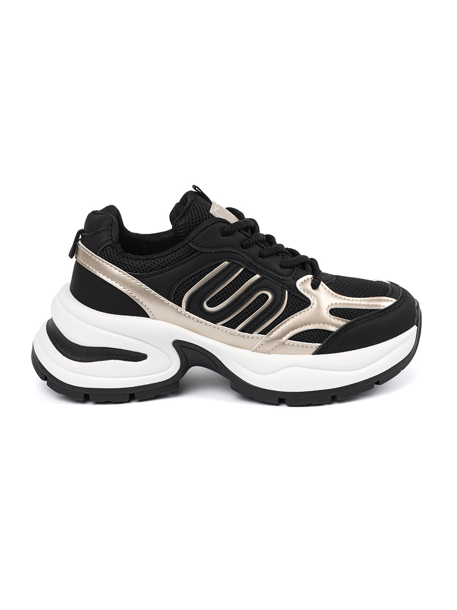 Shelvt Black women's sneakers with gold inserts