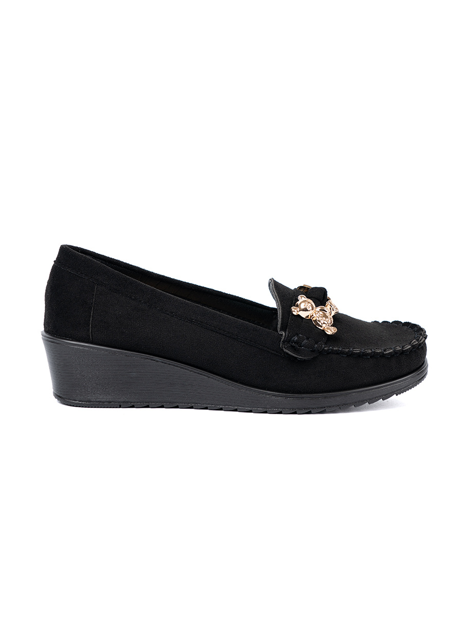 Shelvt Black suede shoes with a decorative teddy bear