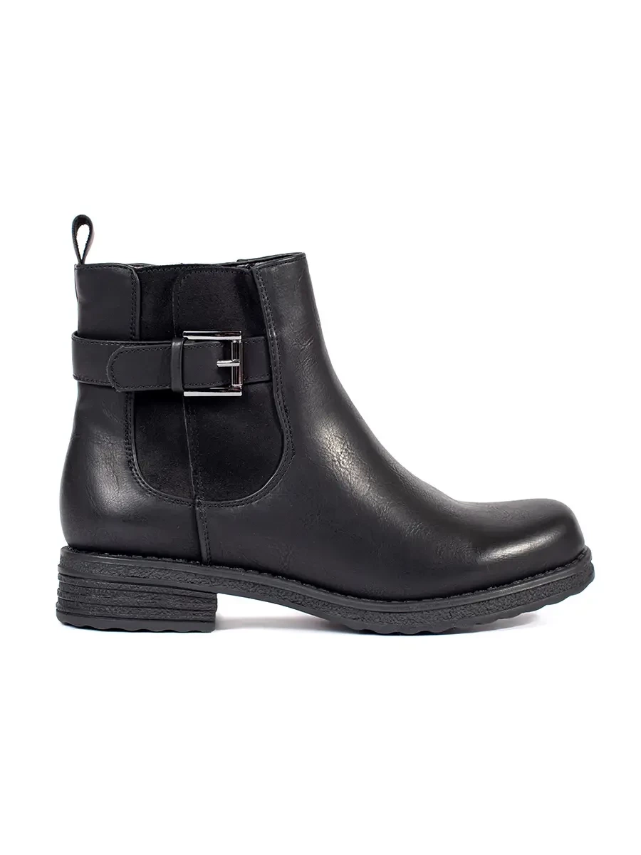 Shelvt Womens black ankle boots with a low-heeled buckle