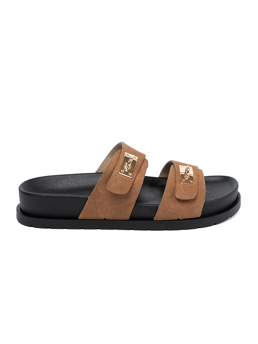 Shelvt Womens tan flip-flops with gold inserts