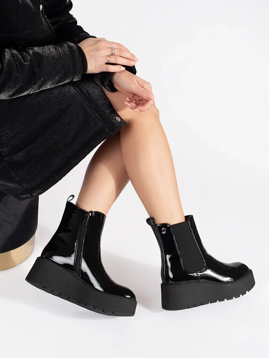 SEASTAR Black patent womens Chelsea boots on a wedge