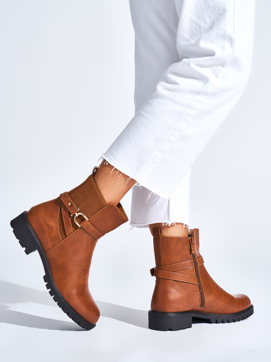 Shelvt Brown womens ankle boots with a decorative buckle