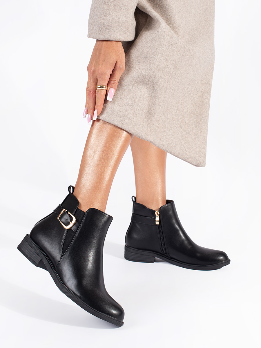 Shelvt Womens black Chelsea boots with gold elements