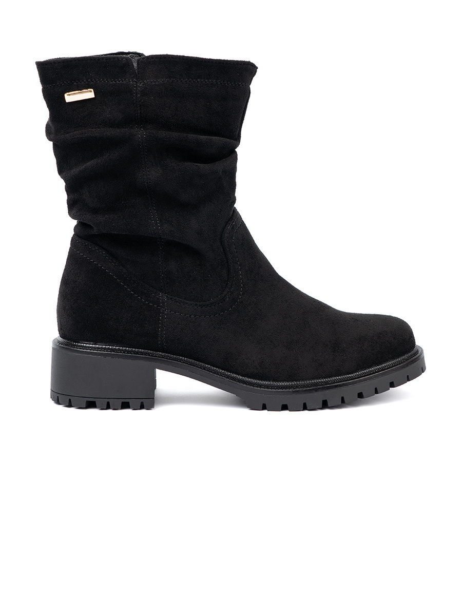 Shelvt Black ankle boots with ruffled upper and zipper