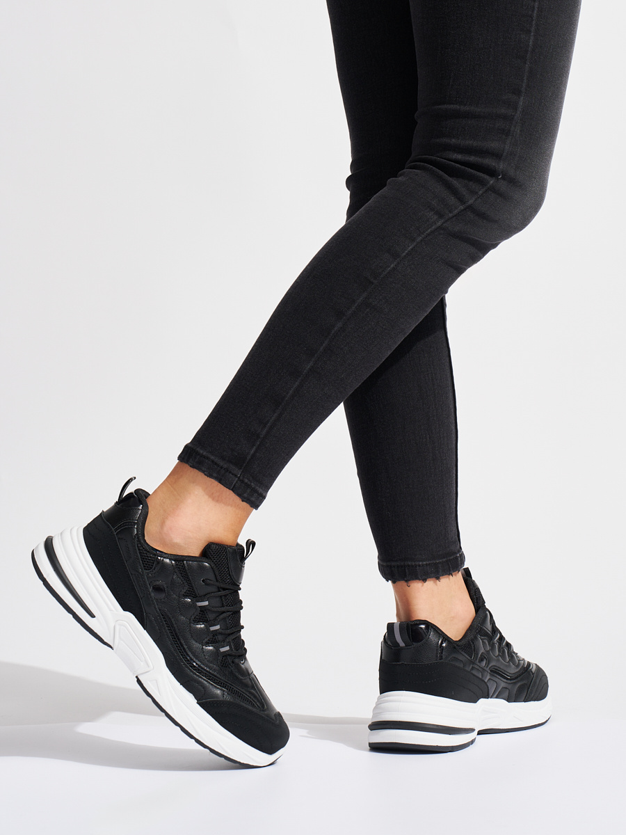 Shelvt Black womens sports shoes with a thick sole