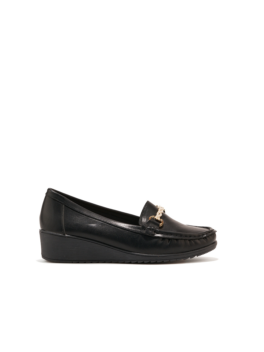 Shelvt Black womens wedge loafers with gold decoration