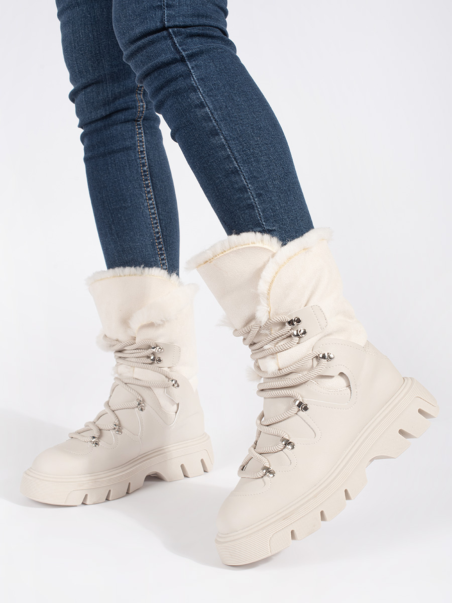SEASTAR Beige lace-up womens snow boots with fur on the platform