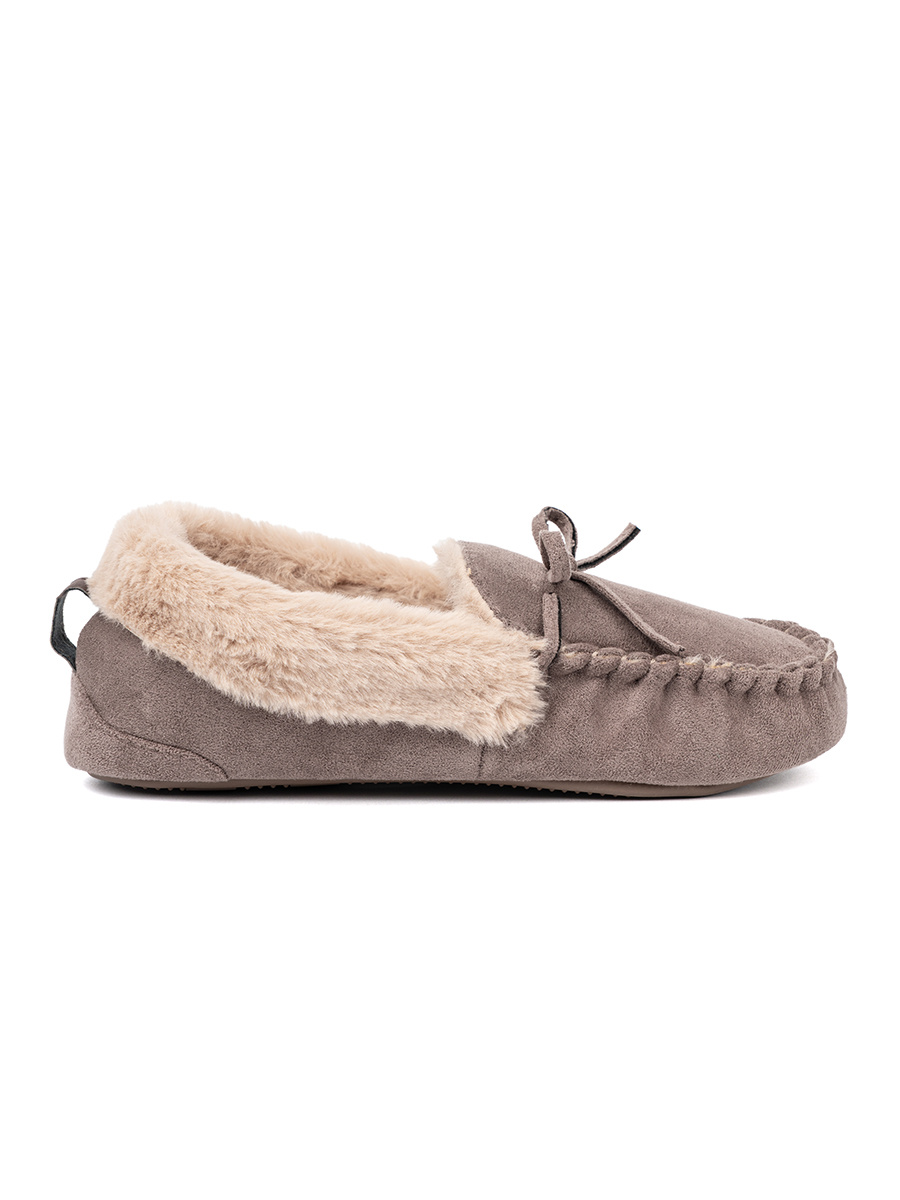 Shelvt Dark beige slippers with a bow and a fluffy moccasin interior