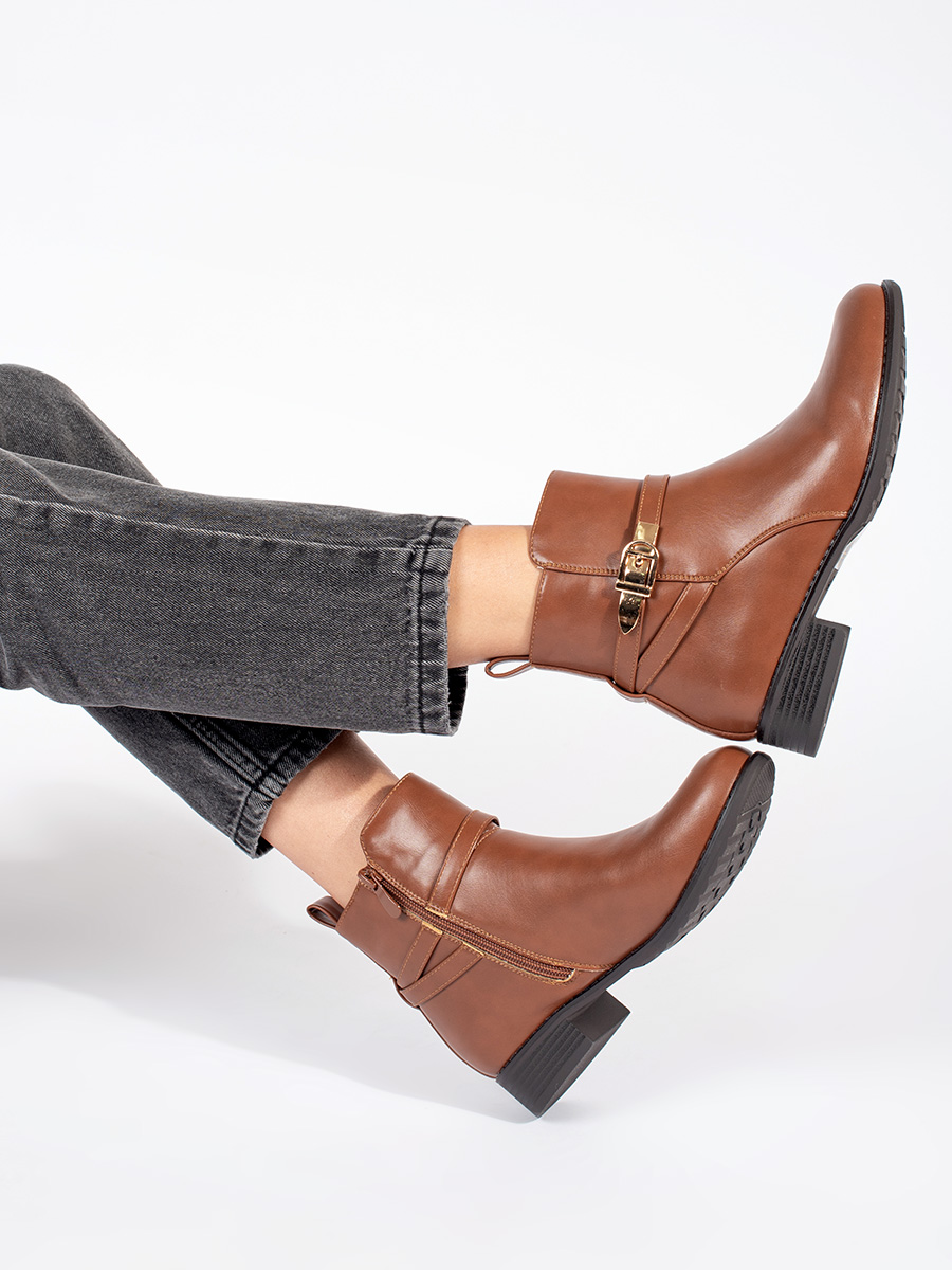 Shelvt Brown womens low-heeled ankle boots with a decorative belt