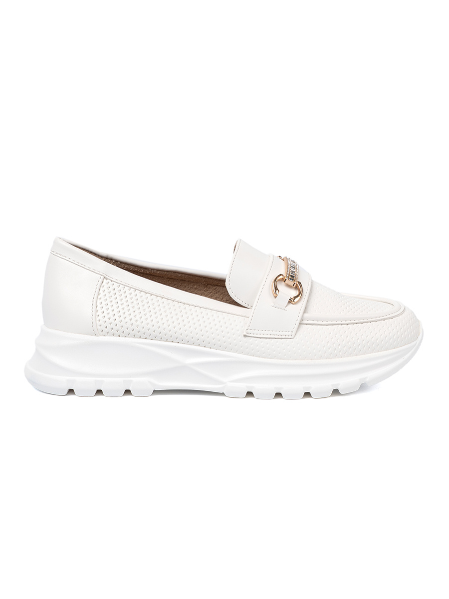 Shelvt White loafers with a decorative gold element.