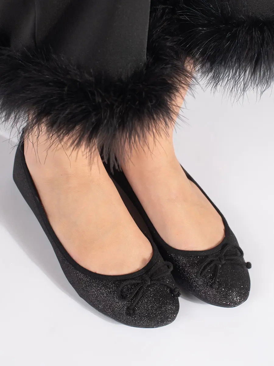 Shelvt Black shiny womens ballerinas with a bow