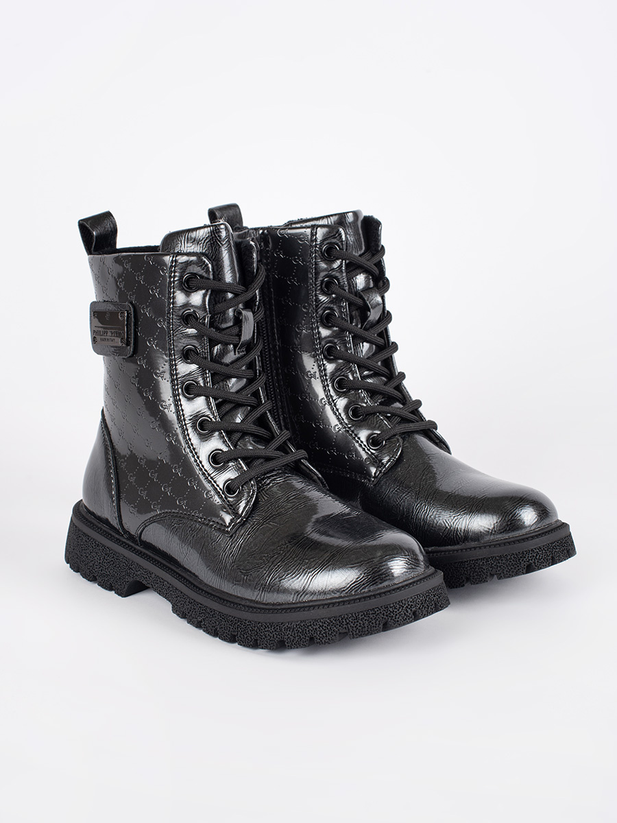 Shelvt Black patent leather girls lace-up ankle boots