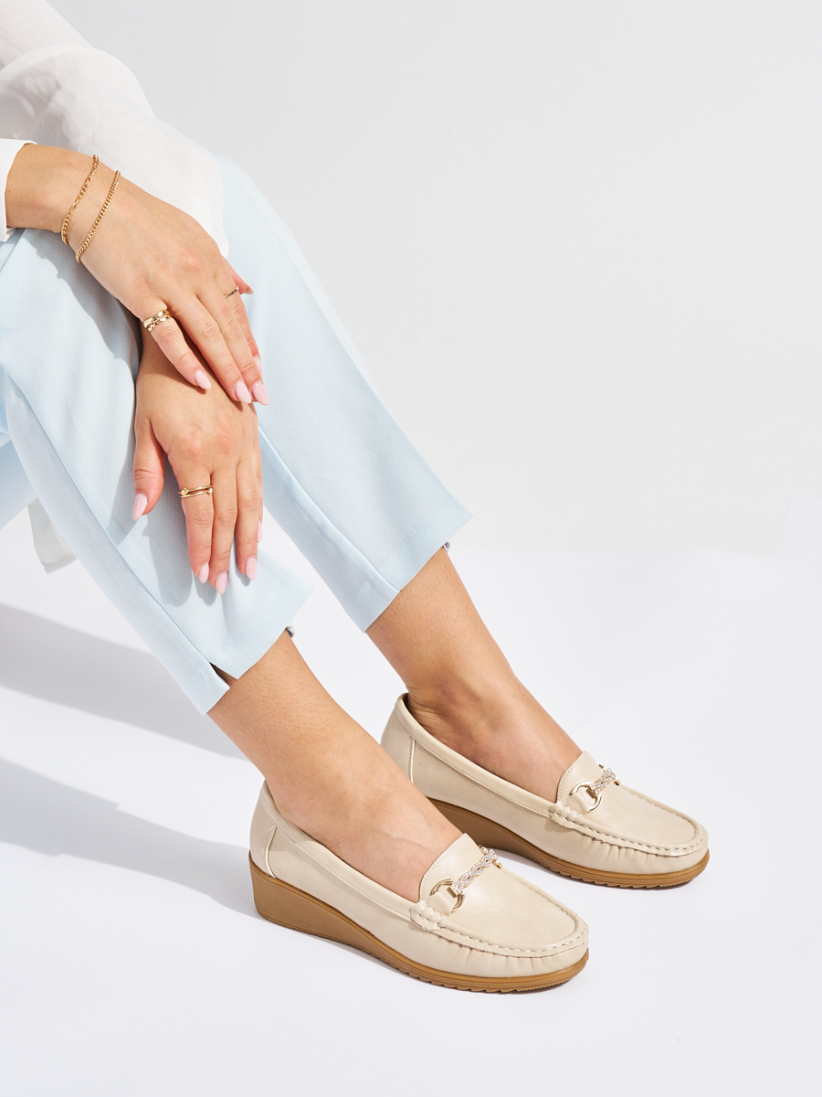 Shelvt Beige womens wedge loafers with gold decoration