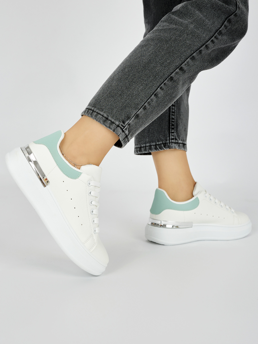 Shelvt White womens sneakers with a green element