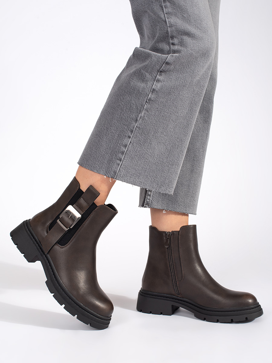 Shelvt Brown womens Chelsea boots with buckle