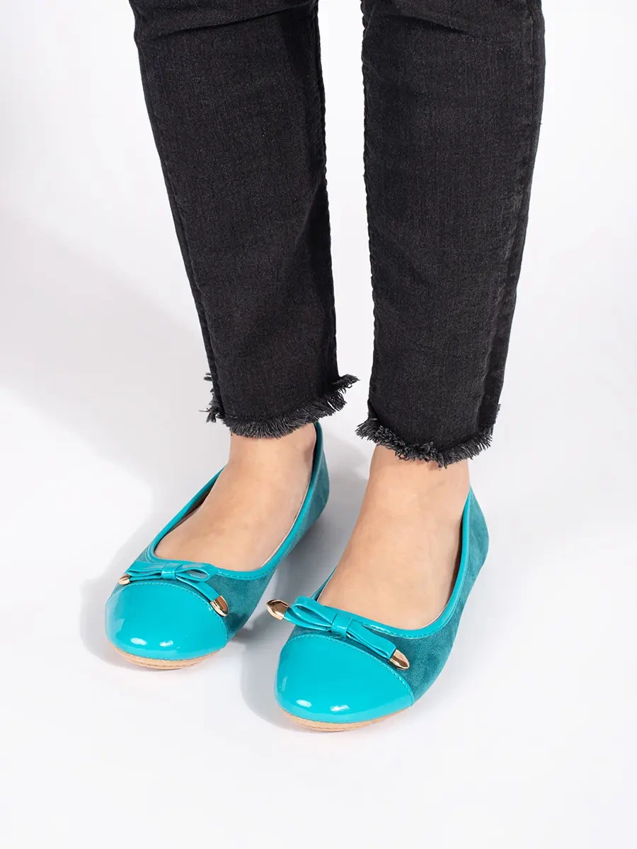 Shelvt Blue flat womens ballerinas with patent toe