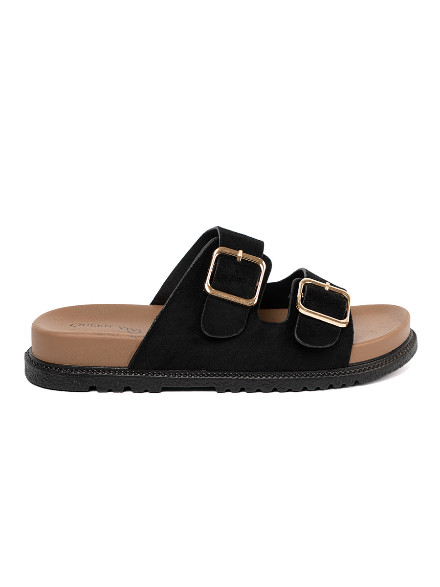Shelvt Black womens flip-flops with gold buckles