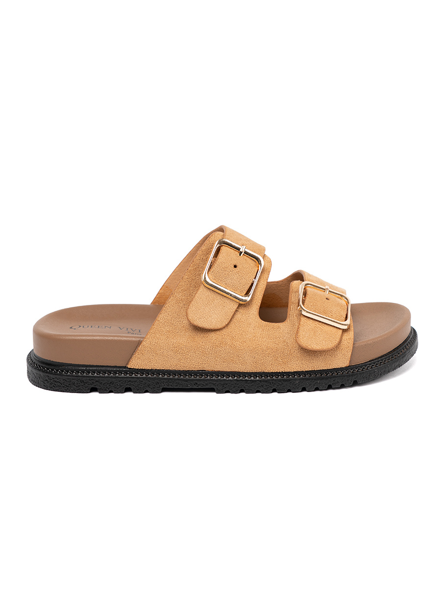 Shelvt Caramel womens flip-flops with gold buckles