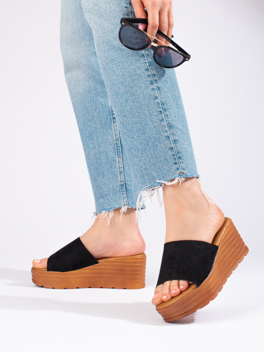 Womens suede wedge flip-flops black Shelovet