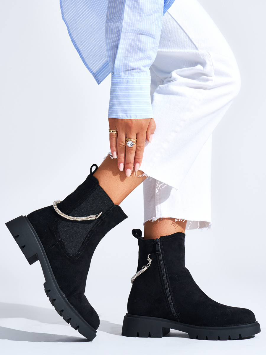 Shelvt Womens black ankle boots with a decorative chain