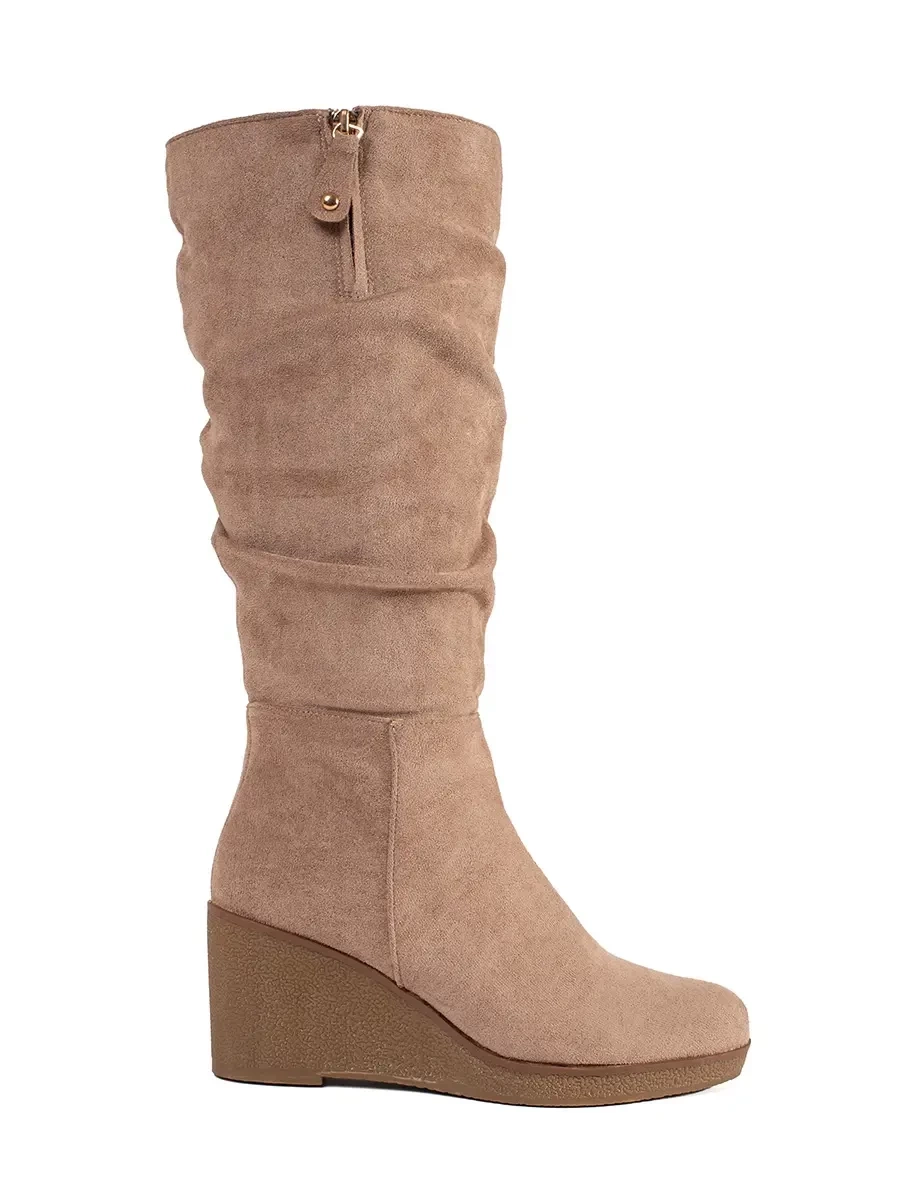 Shelvt Suede beige womens knee-high boots