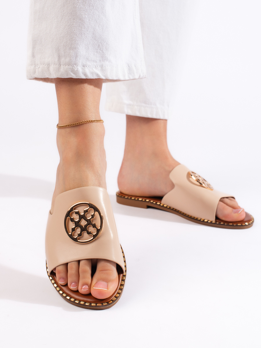 Shelvt Beige womens flat slippers