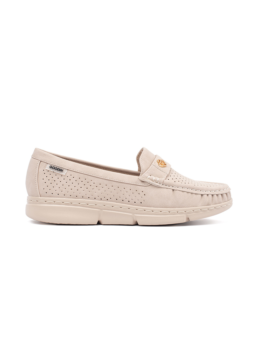 GOODIN Light beige openwork loafers with a gold element