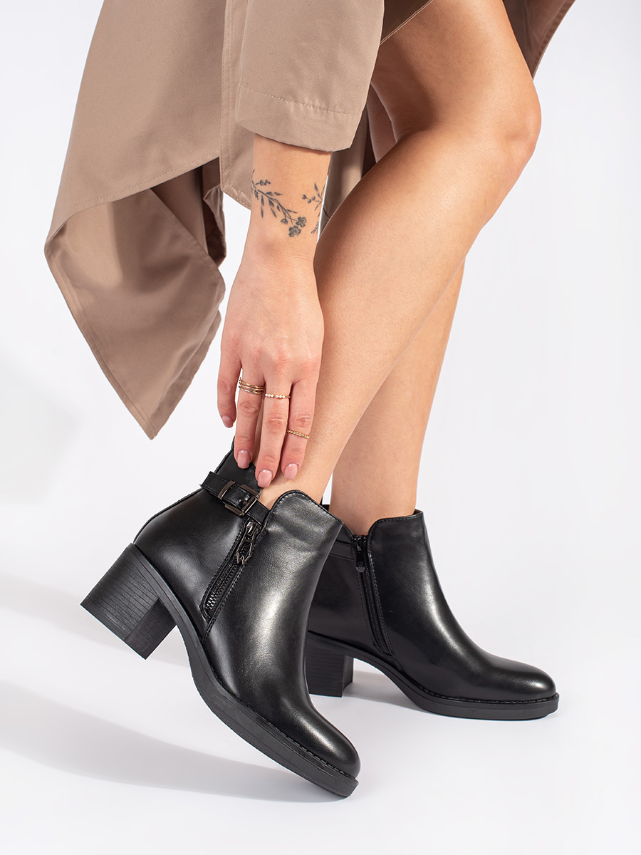 Shelvt Womens black ankle boots on a heel with a decorative zipper and buckle