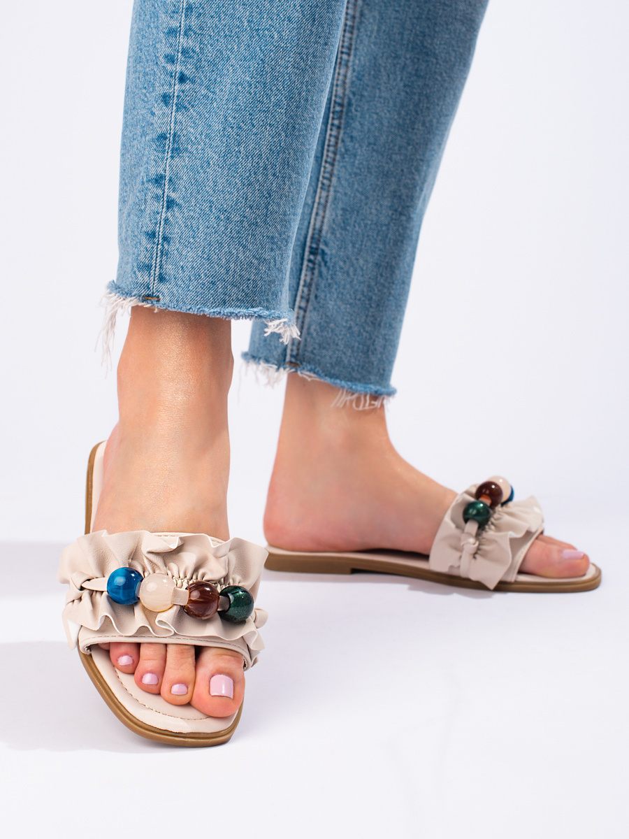 Womens flat-sole slippers beige Shelvt