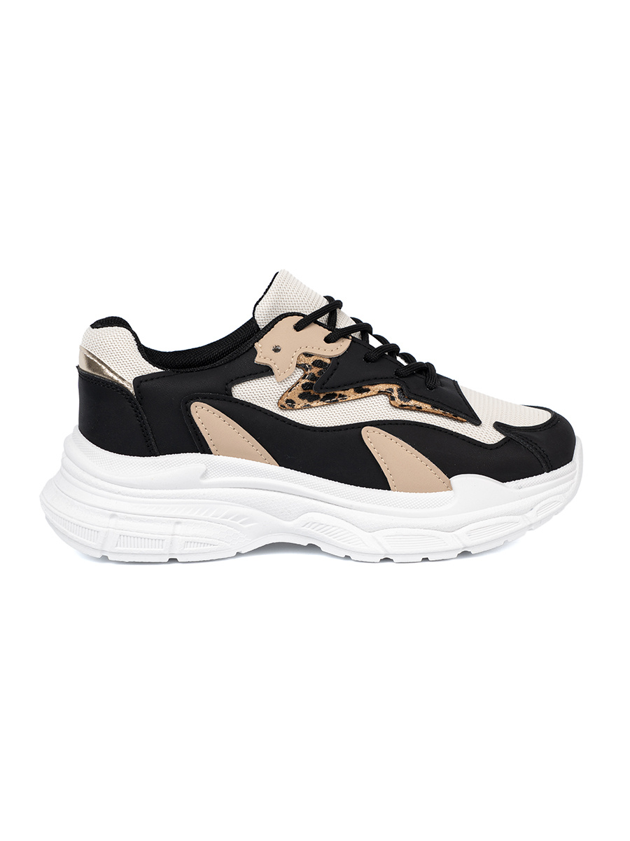 Shelvt Black and beige womens sneakers with a thick sole