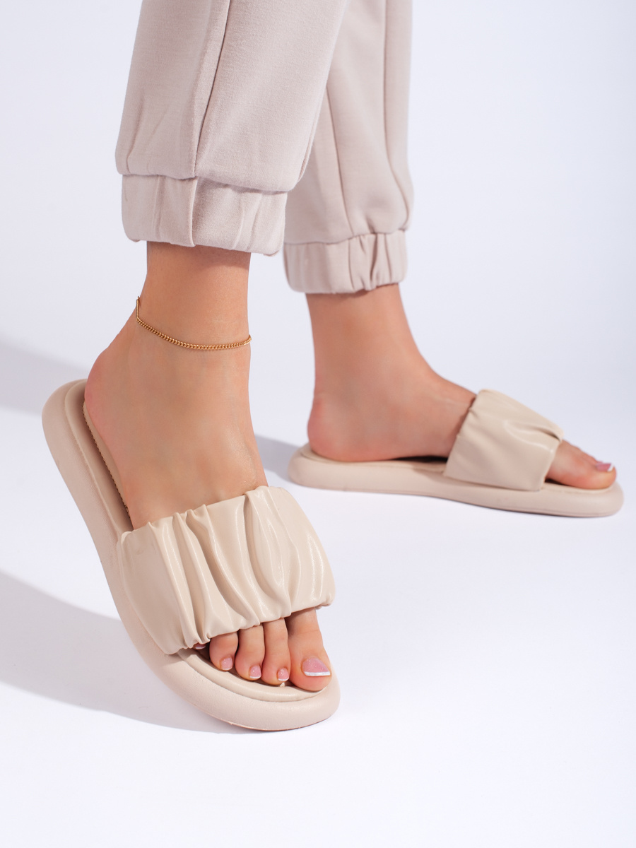Shelvt Ruffled womens flip-flops beige