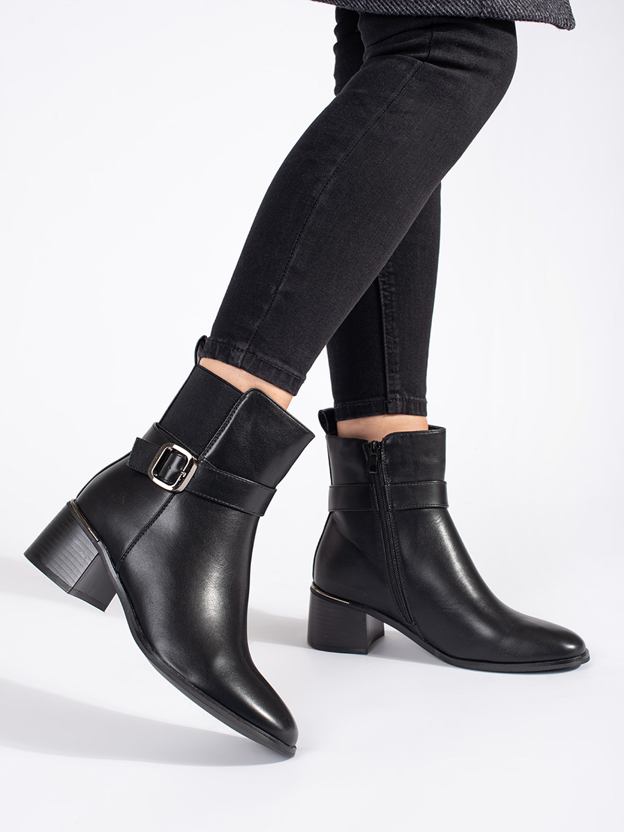 Shelvt Womens black ankle boots on a heel with a buckle