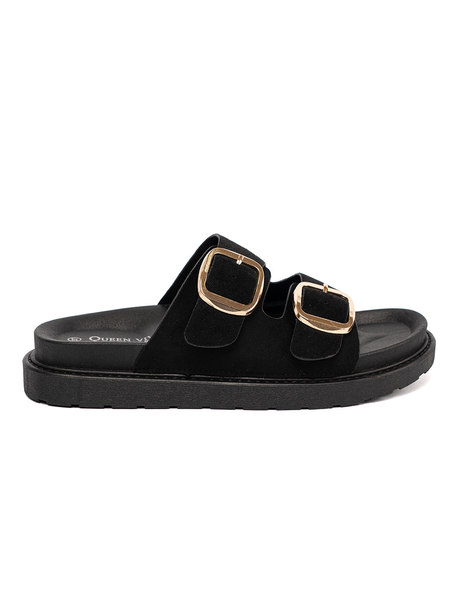 Shelvt Womens black flip-flops with gold buckles
