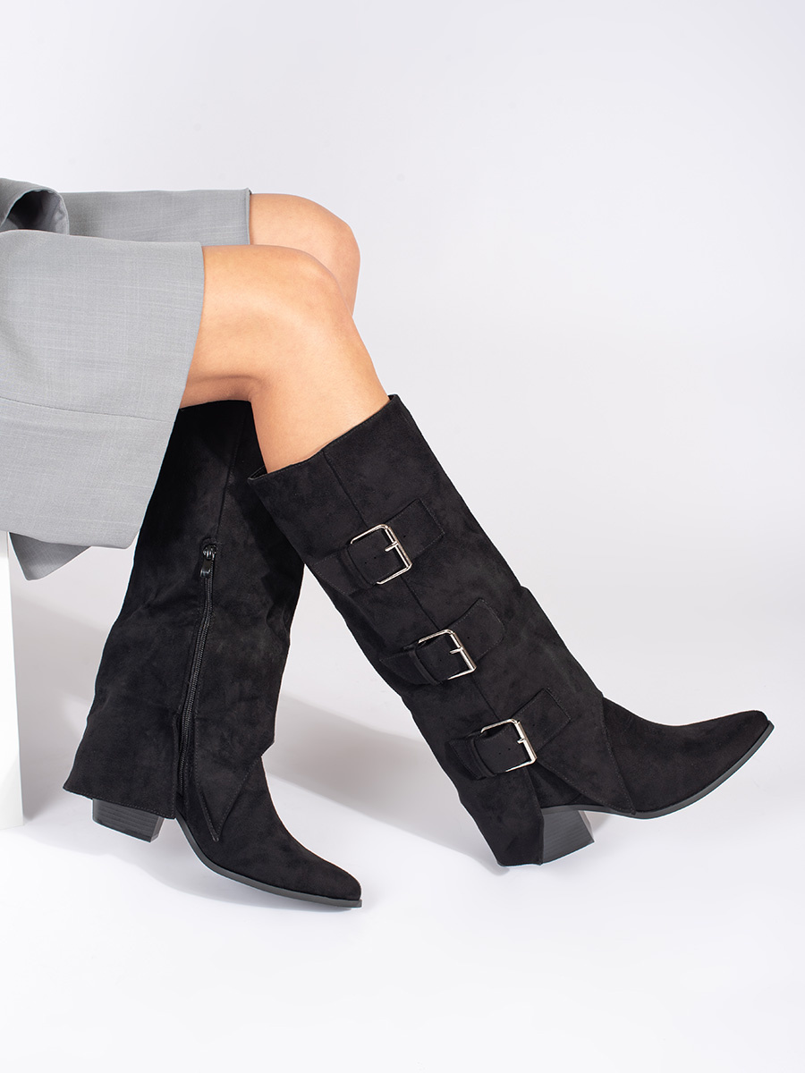 SEASTAR Black suede womens heeled boots with buckles