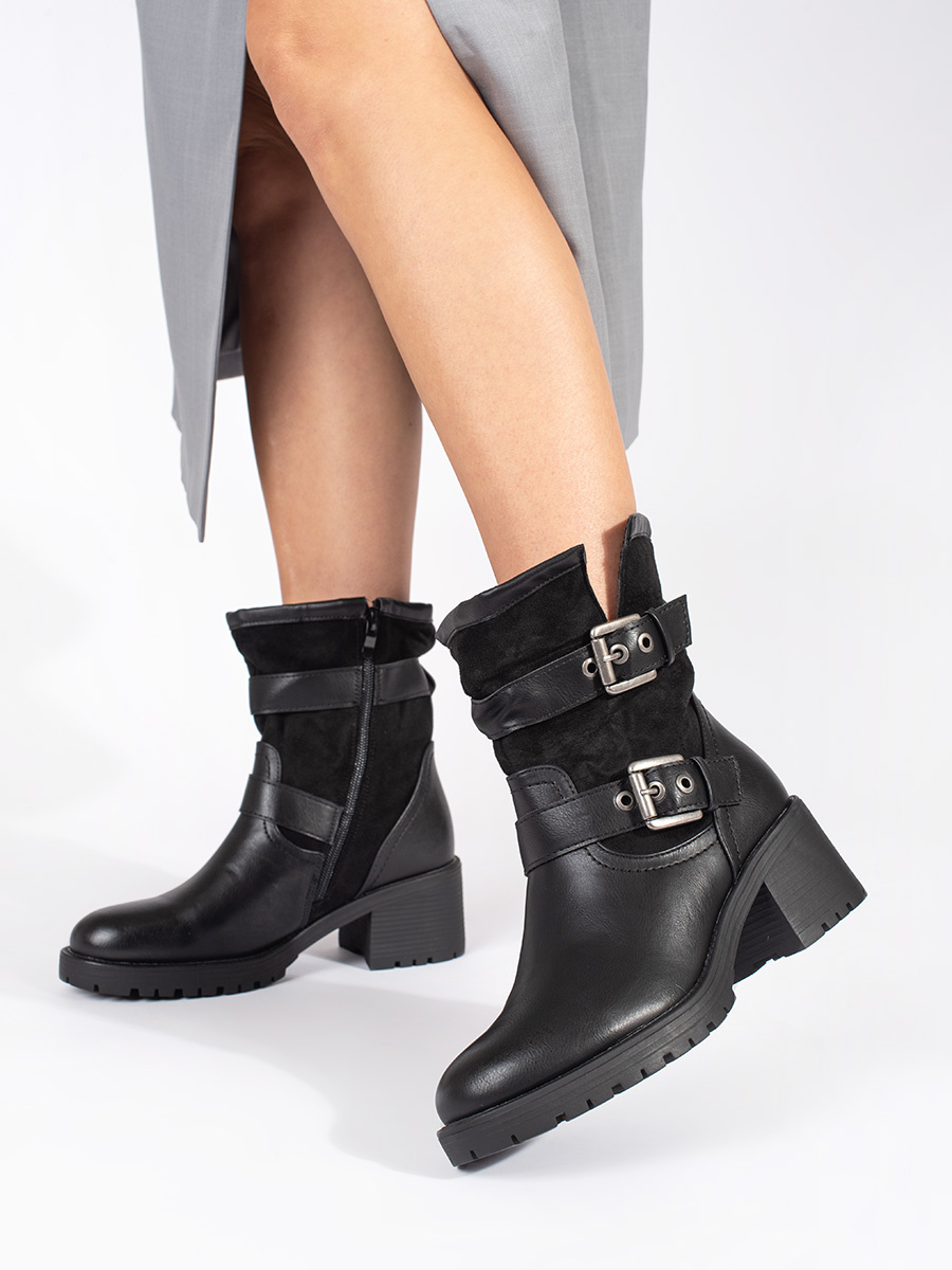 Shelvt Womens black heeled boots with buckles