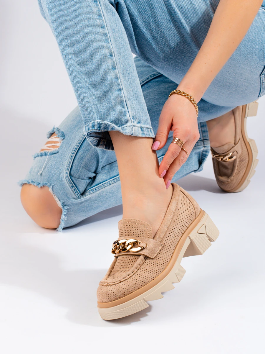 Suede loafers with chain Shelvt beige