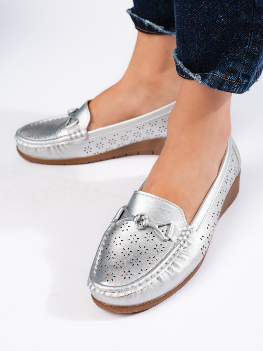 Shelvt Womens Silver Loafers
