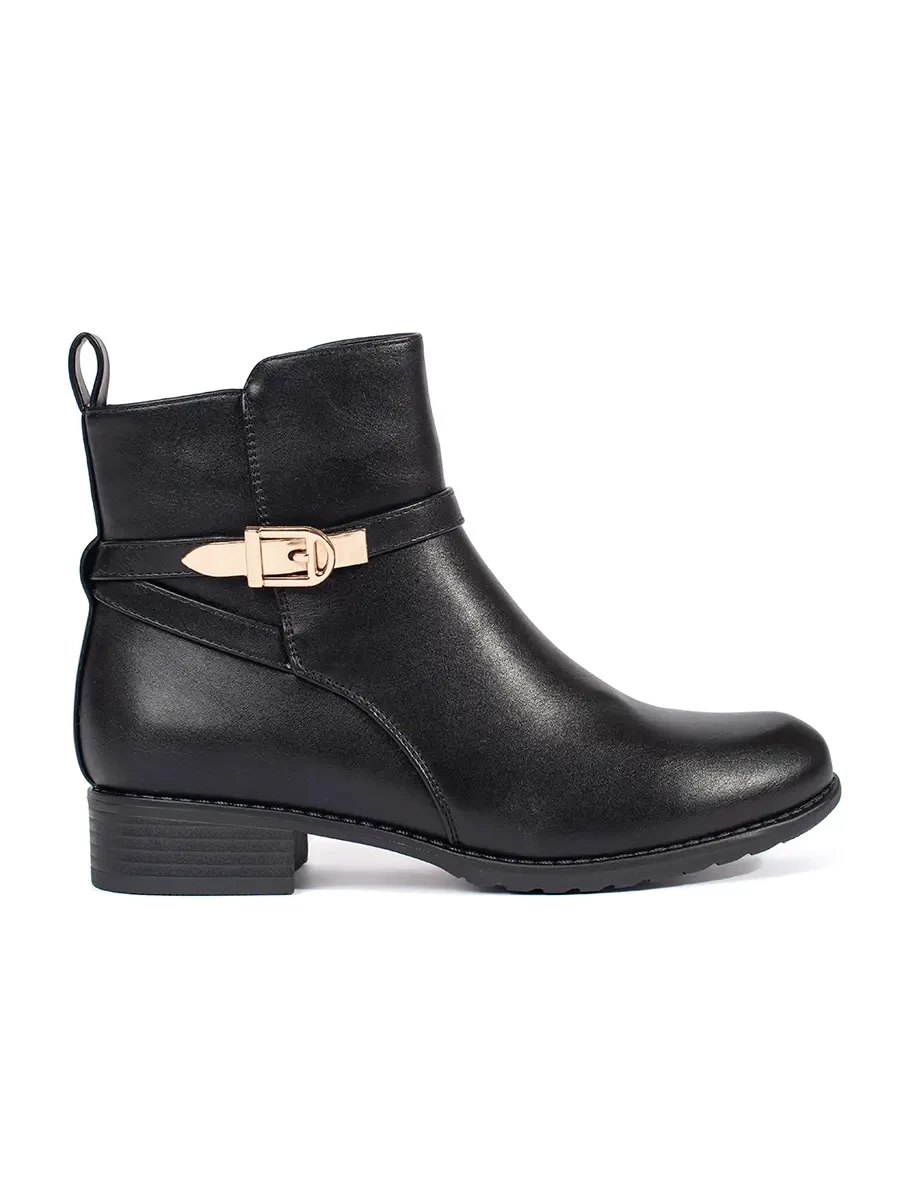 Shelvt Womens black low-heeled ankle boots with a decorative belt